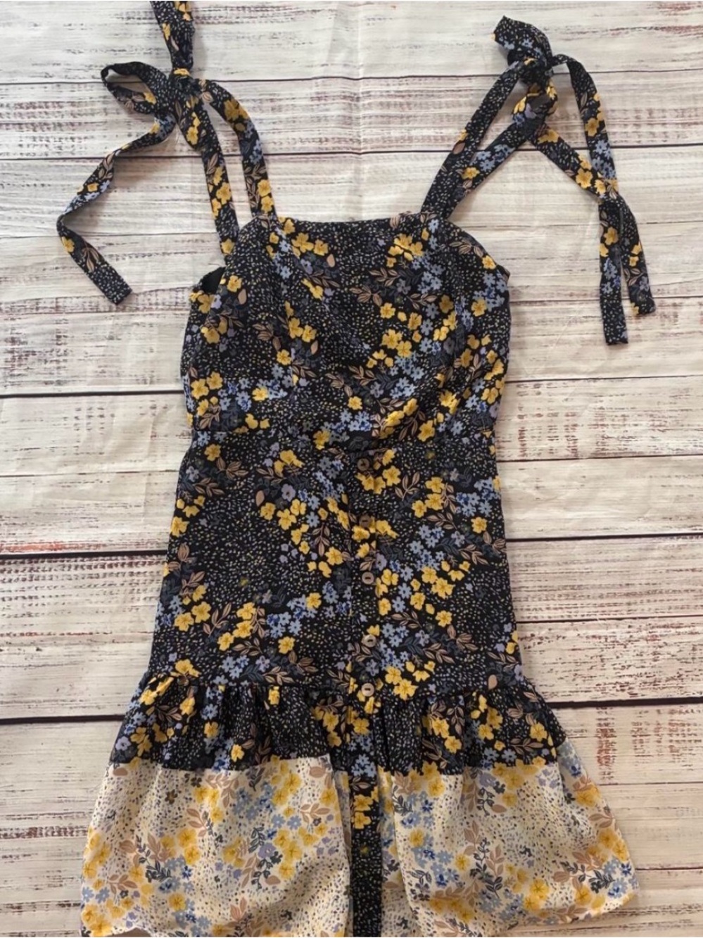 Cottagecore Navy Floral Tie-Shoulder Sundress - Yellow & Light Blue Flowers